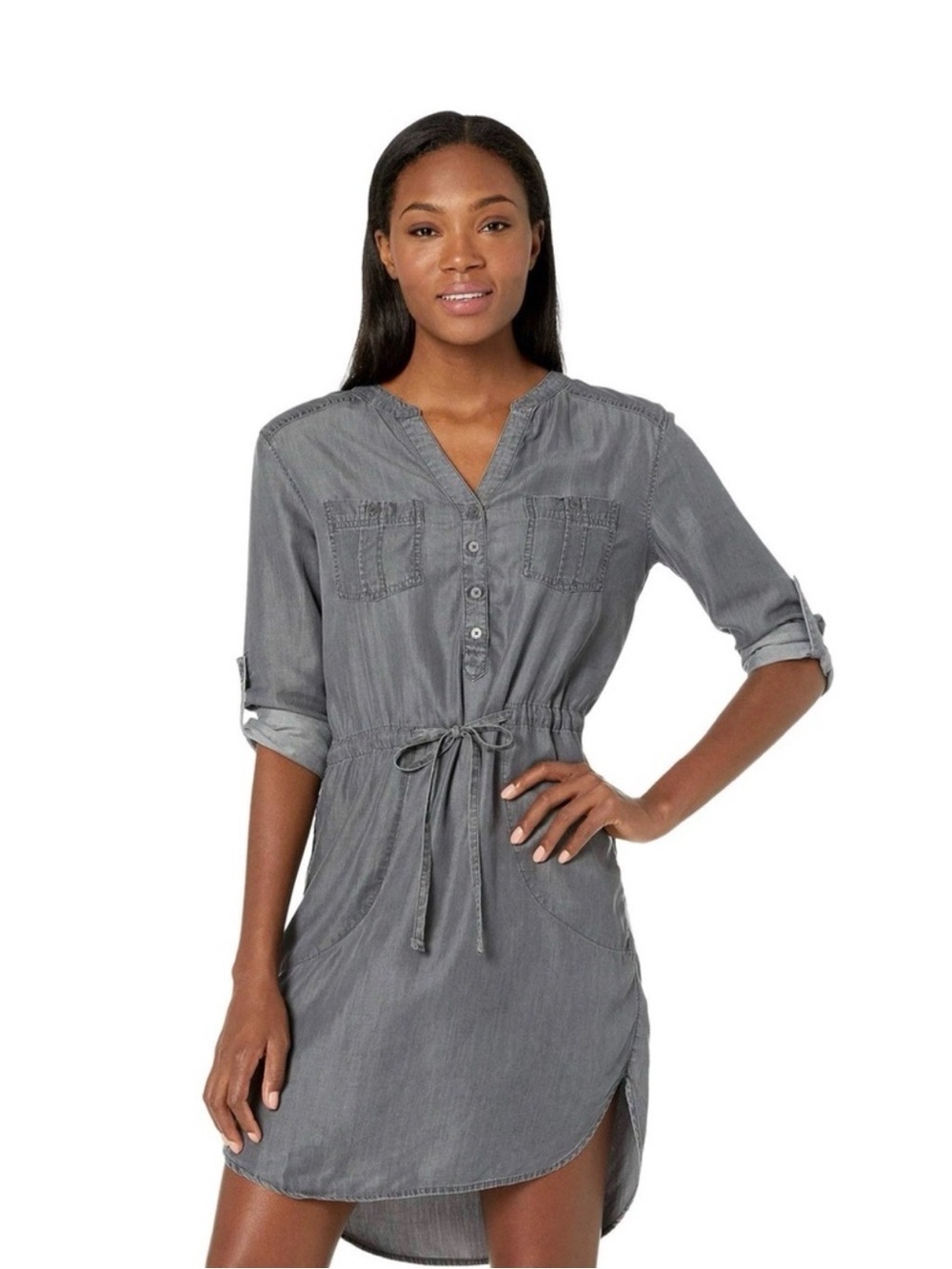 Prana Abbey Gray Button-Front Drawstring Shirt Dress Sz M (DJ5)